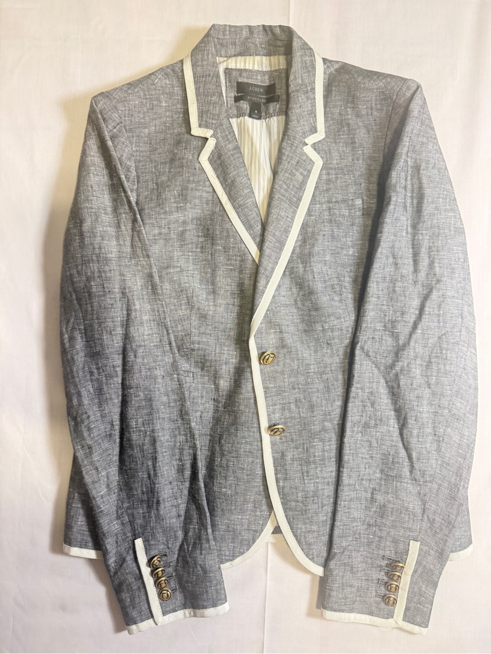 J. Crew Schoolboy Linen Blazer Size 8 Gray White Tipped Trim Gold Crest Buttons